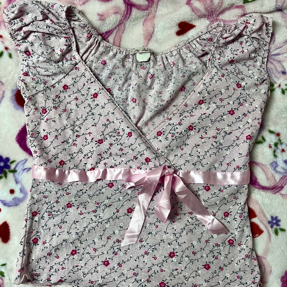 Pink Floral Ribbon Tie Top Vintage Y2K
